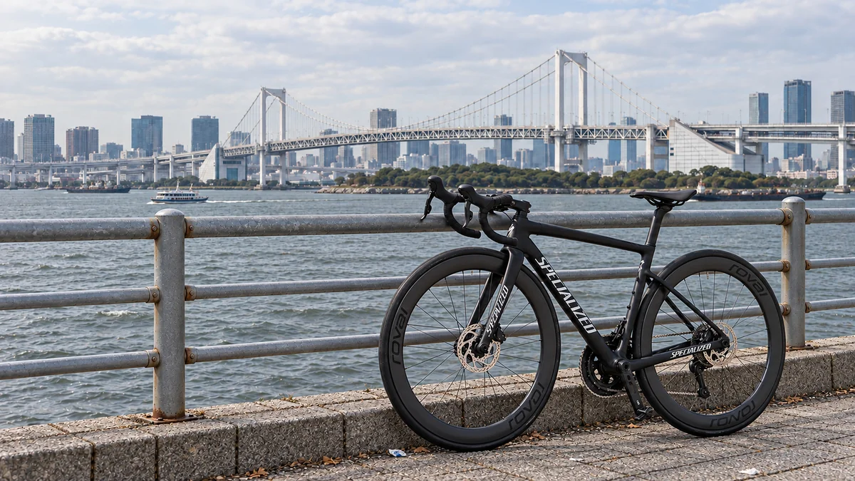 Illustrative image of a Tarmac SL8 beside Tokyo Bay with Rainbow Bridge in the background