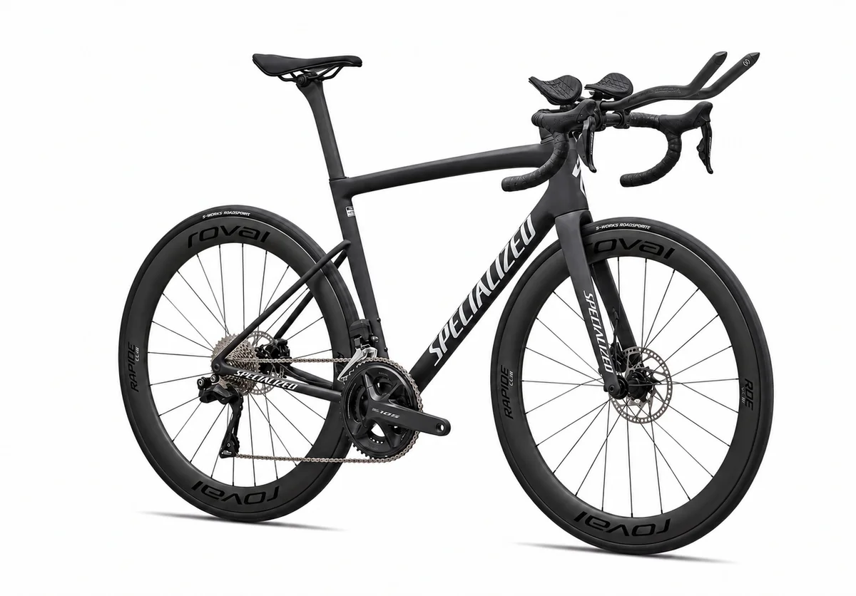 Tarmac SL8 with optional aero bars, viewed from the front at an angle